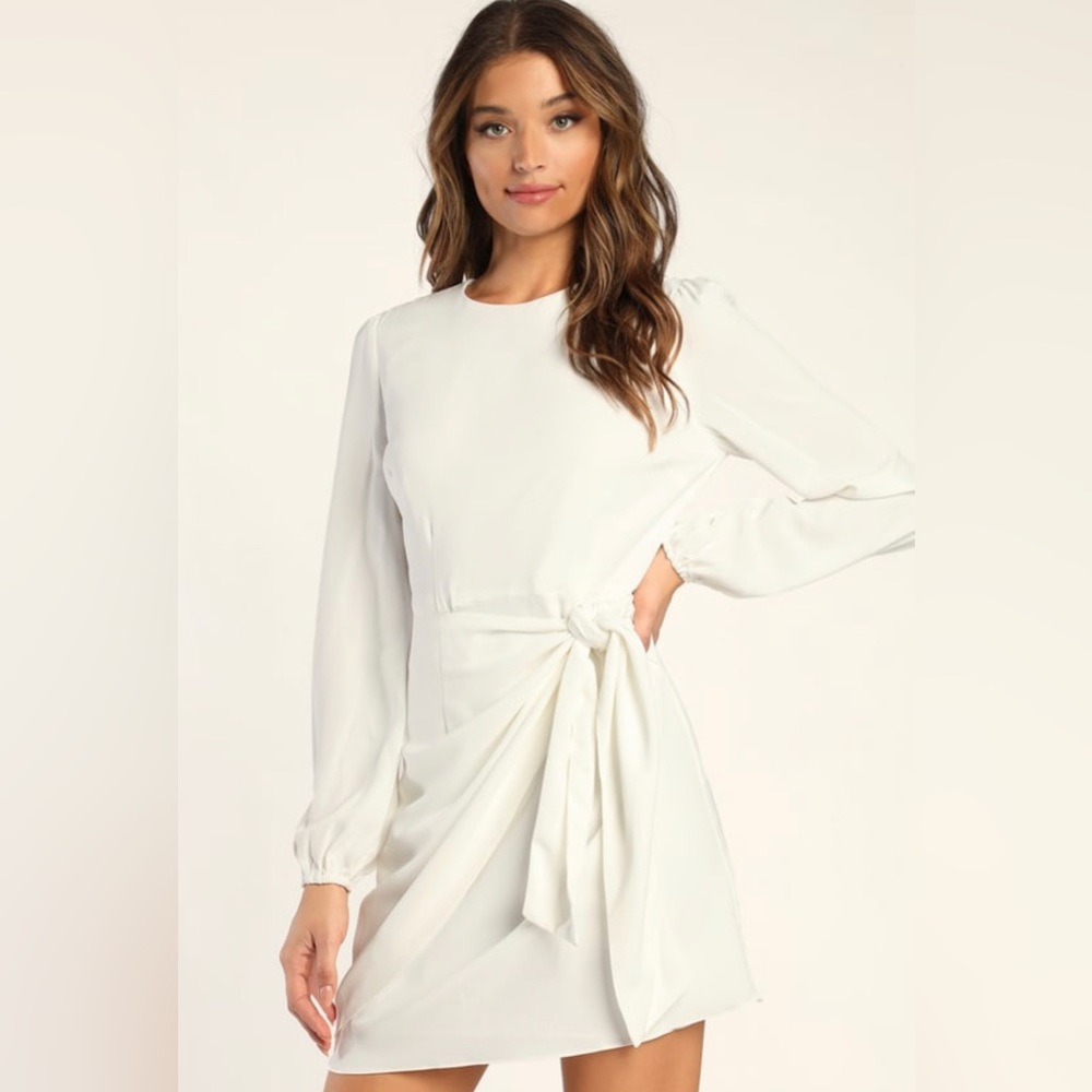 Lulu’s Believe it or Knot White Long Sleeve Tie-Front Slater Dress - Size L